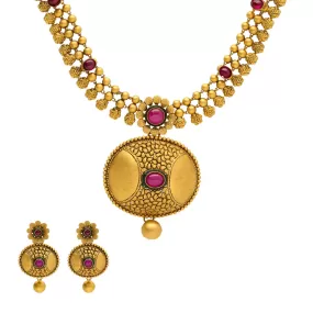 22K Yellow Gold Antique Necklace and Earrings Set W/ Ruby