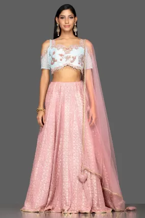 300462 Pale Pink and Powder Blue Lucknowi Work Georgette Lehenga