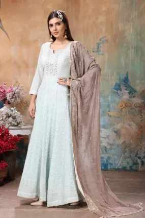 502733 Powder Blue Embroidered Anarkali Suit with Grey Dupatta