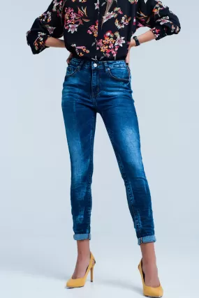 Blue Wrinkled High Waist Skinny Jeans