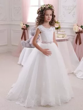 Cute Short Sleeves Flower Girl Dresses Soft Lace Aline Kids Princess Dresses