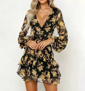 Dress Floral Leaf Printed Lantern Sleeve Empire