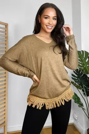 Fringed Hem Lightweight V-Neck Tunic