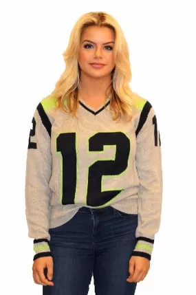 Gray Seattle Tribute Sweater with 12 and green V-Neck (UNISEX SIZING)