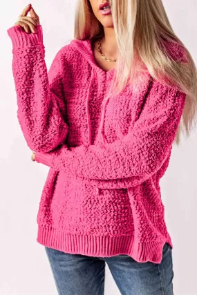 Hot Pink Popcorn Knit Slit Hooded Sweater