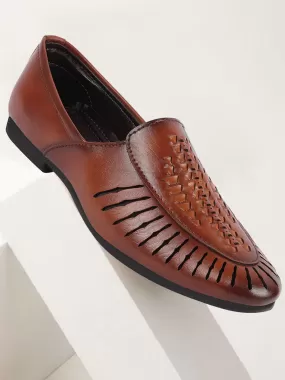 Men Tan Laser Cut Design Ethnic Slip On Party Juttis and Mojaris