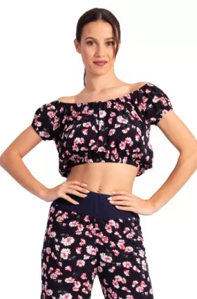 Mexican Style Off-The-Shoulder Dark Blue Floral Print Crop Top