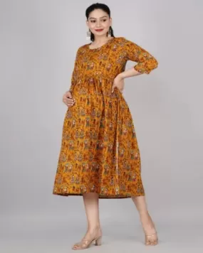 Mustard Yellow Jaipuri Print Cotton Maternity Dress Gown