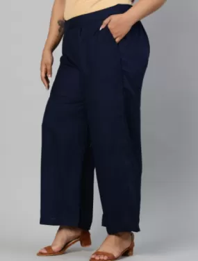 Navy Blue Plus size Women Cotton Wide Leg Palazzos