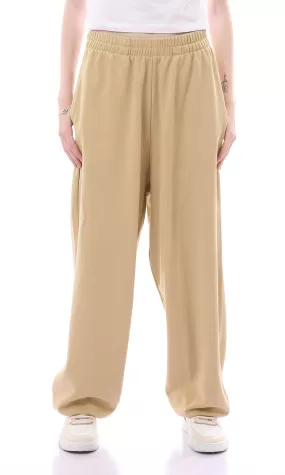 O165860 Elastic Waist Wide Leg Cotton Joggers Dark Beige Pants