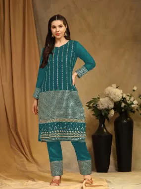 Odette Teal Faux Georgette Embroidered Semi Stitched Kurta Set For Women