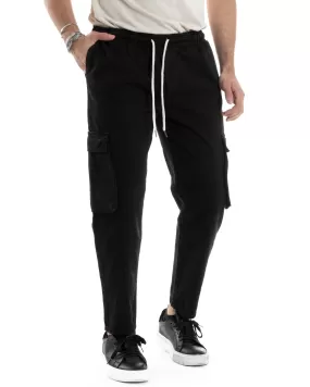 Pantaloni Jeans Uomo Regular Fit Pantalaccio Cargo Jogger Con Tasconi Tinta Unita Nero GIOSAL-JS1033A