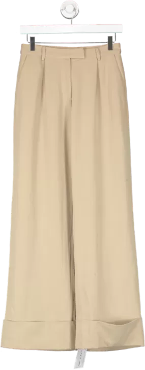 PRETTY LAVISH Beige Folded Hem Wide Leg Trousers UK 6