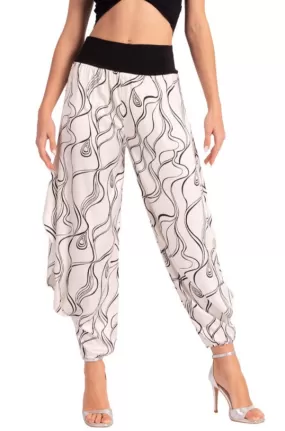 White Subtle Lines Print Pants With Slits