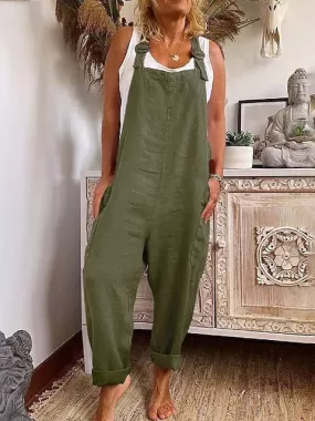 Women's Casual Faux Linen Jumpsuits with Side Pockets and Full-Length Pants